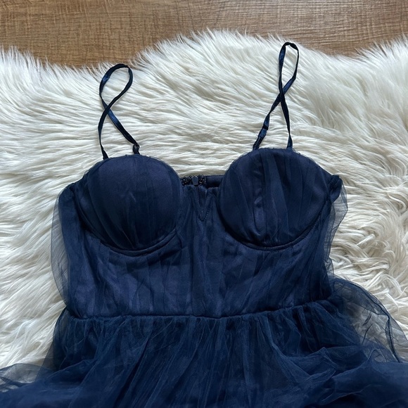 LULU’S Unforgettable Poise Navy Blue Tulle Bustier Tiered Maxi Dress - Picture 5 of 7